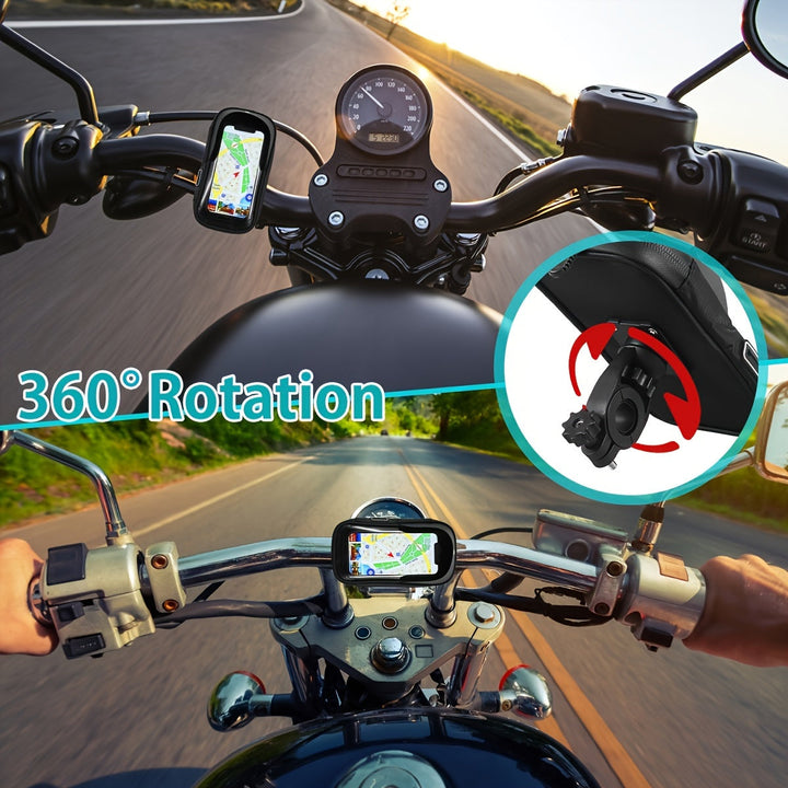 Waterproof bicycle phone holder. Universal handlebar mount with 360° rotation for secure smartphone navigation.