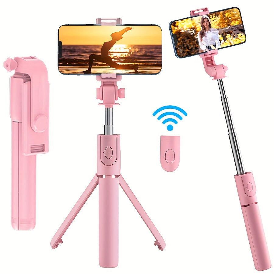Universal wireless selfie stick tripod for smartphones with remote control, ideal for portable travel photography.