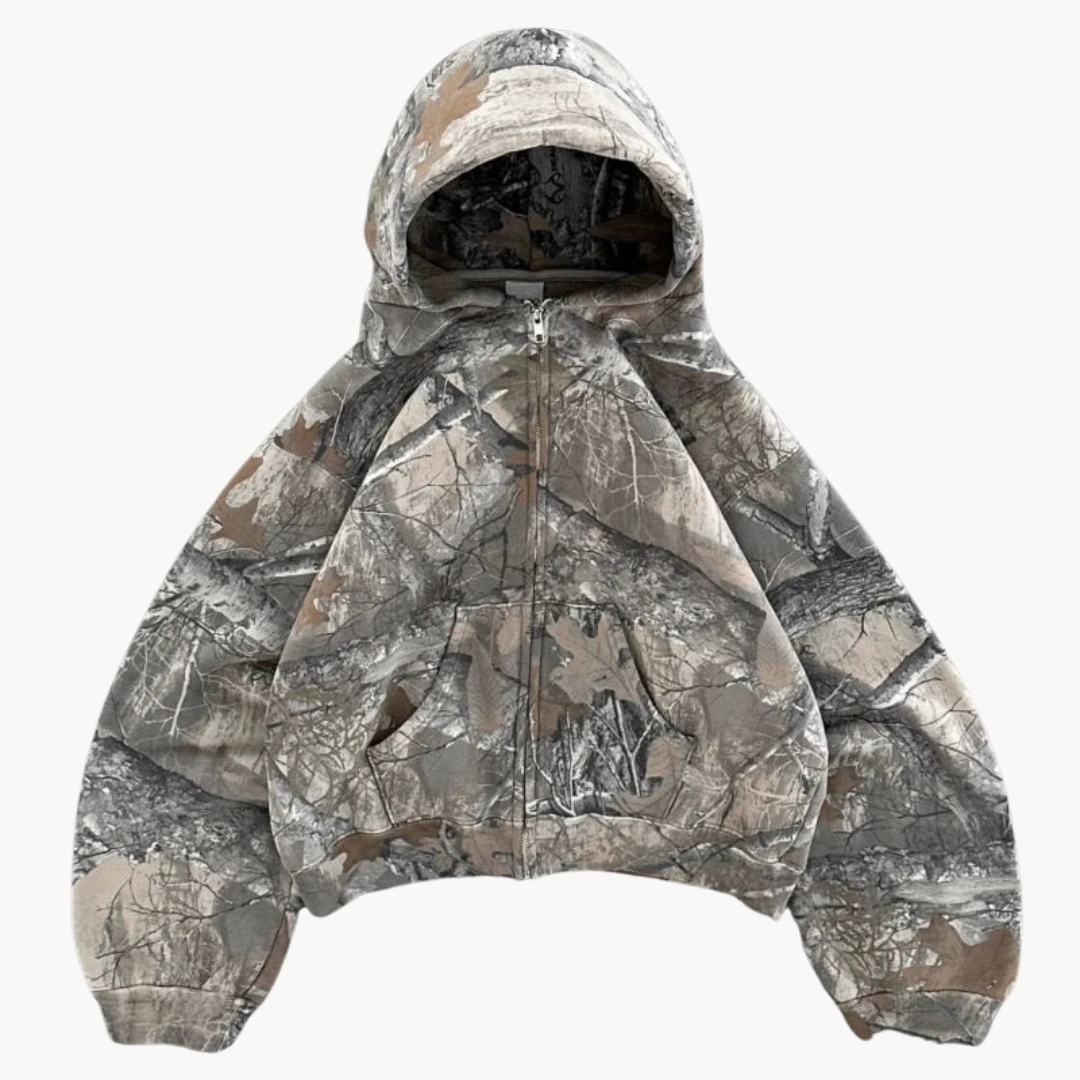 Fashionable oversized urban camo hoodie, perfect unisex pullover for comfortable streetwear style.