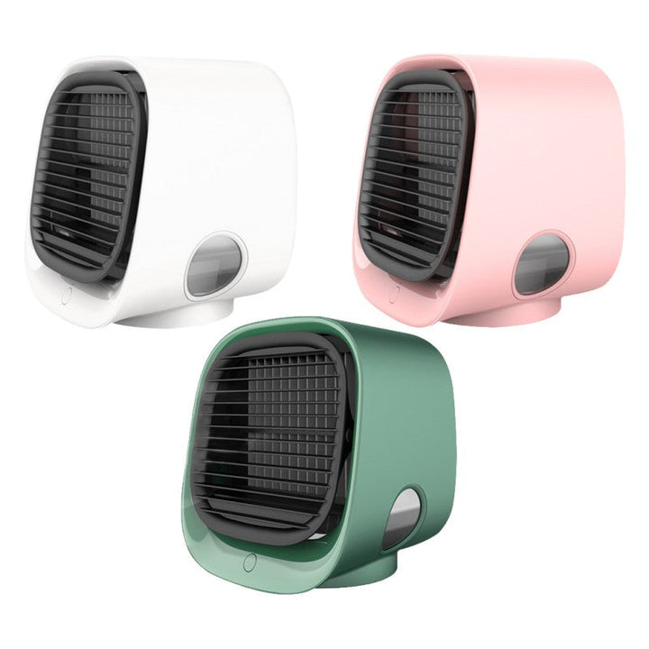 USB portable mini air cooler and humidifier, perfect desktop fan for home or office, white with blue accents