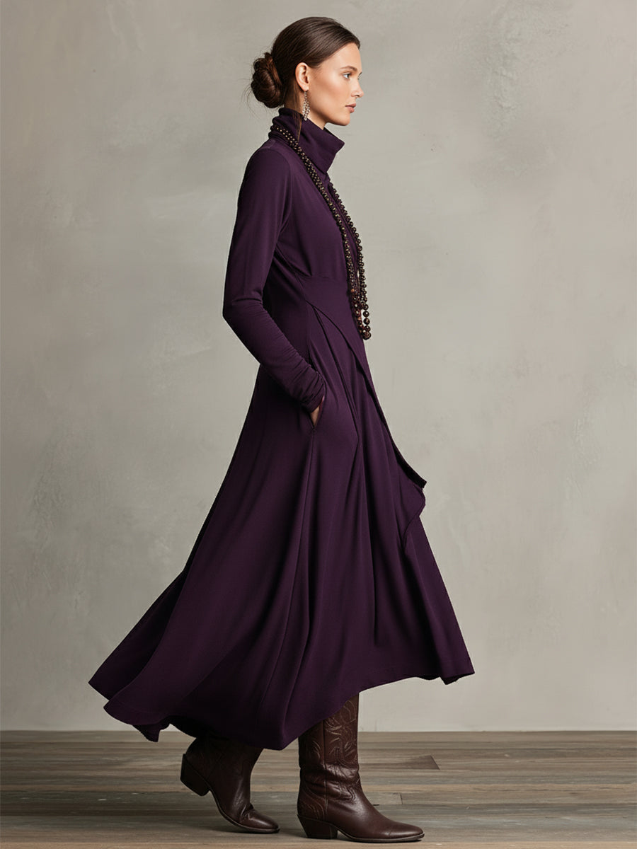 Stylish women's turtleneck dress, beautifully draped, offering an elegant long sleeve midi silhouette.