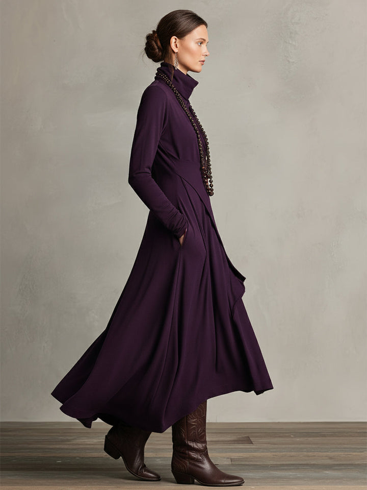 Stylish women's turtleneck dress, beautifully draped, offering an elegant long sleeve midi silhouette.