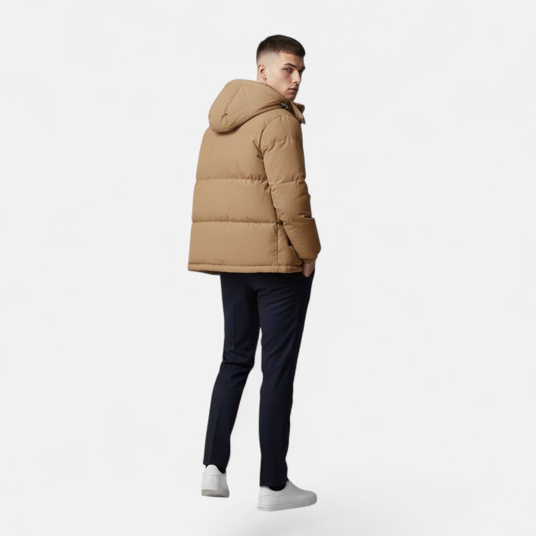 Valmonti men's fashionable hooded padded jacket, providing cozy warmth & stylish outerwear.