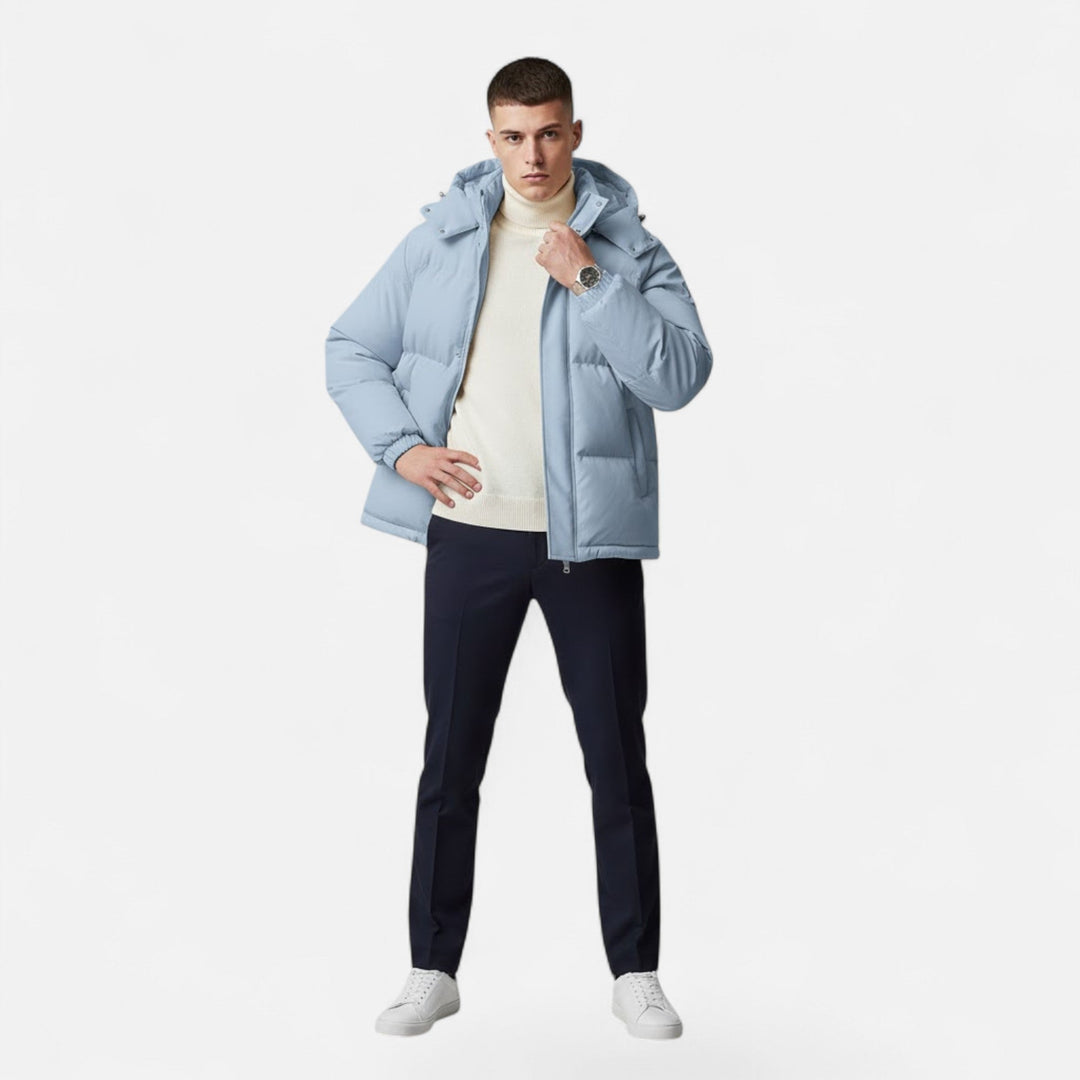 Valmonti men's padded jacket with hood, a warm & stylish winter coat for any occasion.