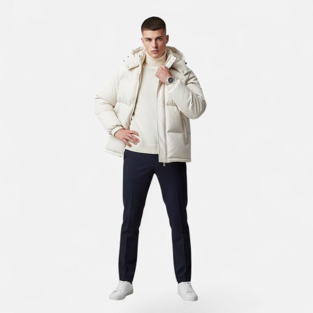 Warm Valmonti men's padded jacket with hood, ideal winter coat & stylish outerwear for cold.