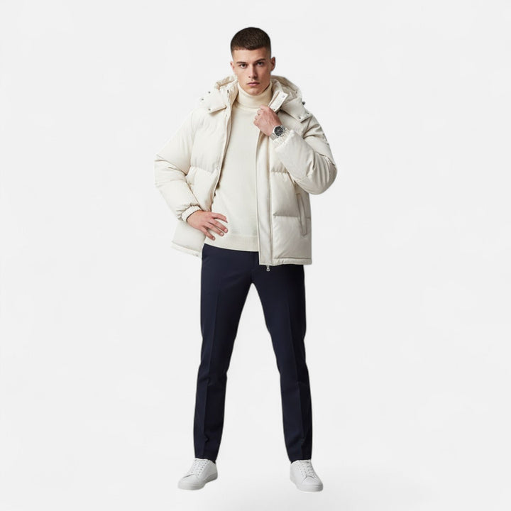 Warm Valmonti men's padded jacket with hood, ideal winter coat & stylish outerwear for cold.