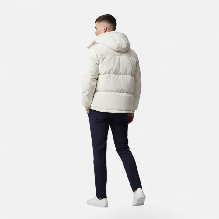 Men's casual hooded padded jacket by Valmonti, solid color, perfect for everyday winter wear.