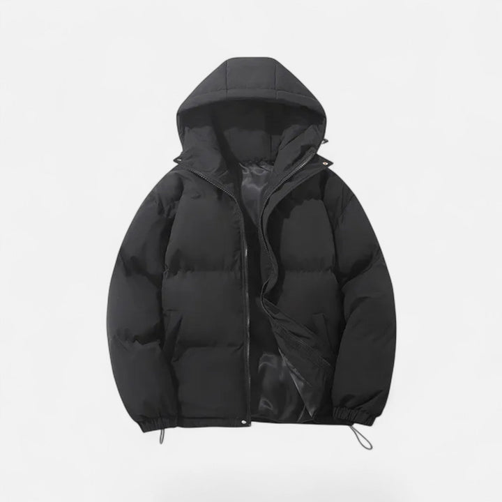 Stylish Valmonti men's padded jacket with hood, offering ultimate warmth for cold weather fashion.