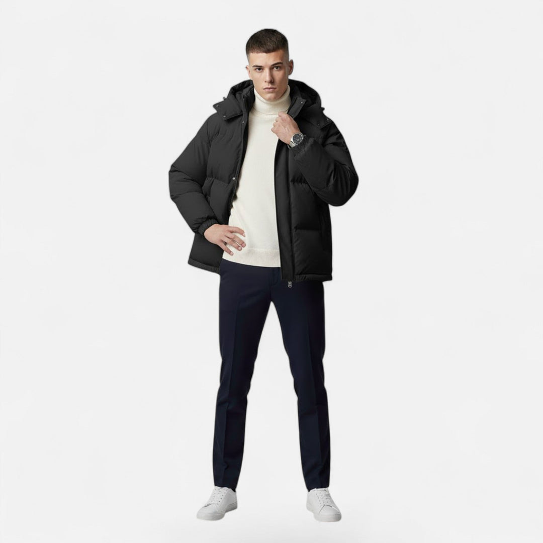 Elevated men's fashion: Valmonti hooded padded winter jacket, comfortable & warm outerwear.