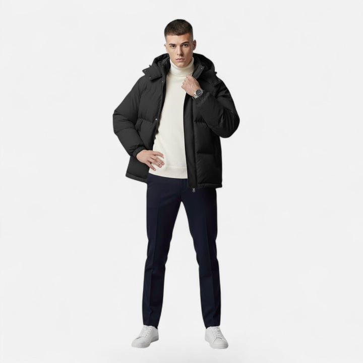 Elevated men's fashion: Valmonti hooded padded winter jacket, comfortable & warm outerwear.