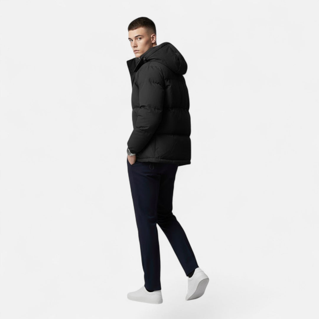 Valmonti men's solid padded jacket with hood, a versatile & warm winter coat for him.