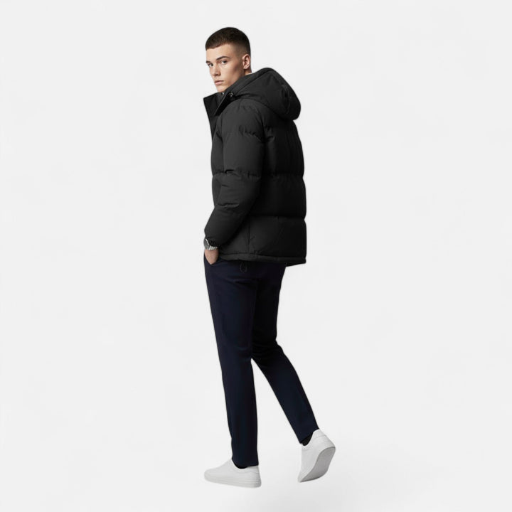 Valmonti men's solid padded jacket with hood, a versatile & warm winter coat for him.