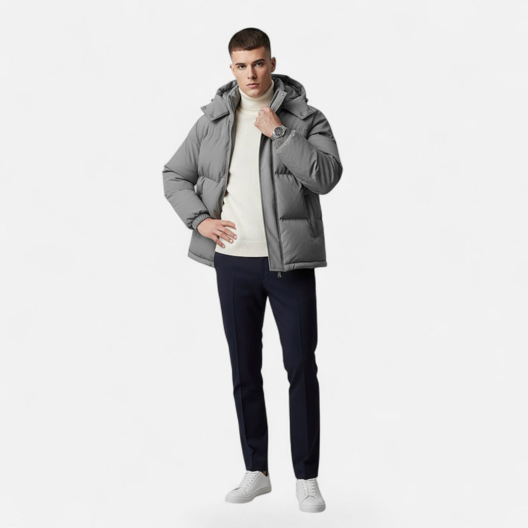 Men's Valmonti hooded padded jacket, designed for warmth, comfort, & casual winter fashion.
