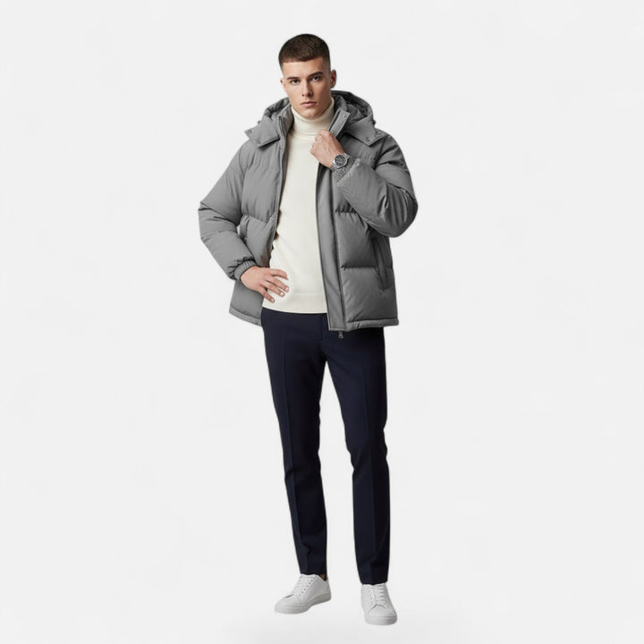 Men's Valmonti hooded padded jacket, designed for warmth, comfort, & casual winter fashion.