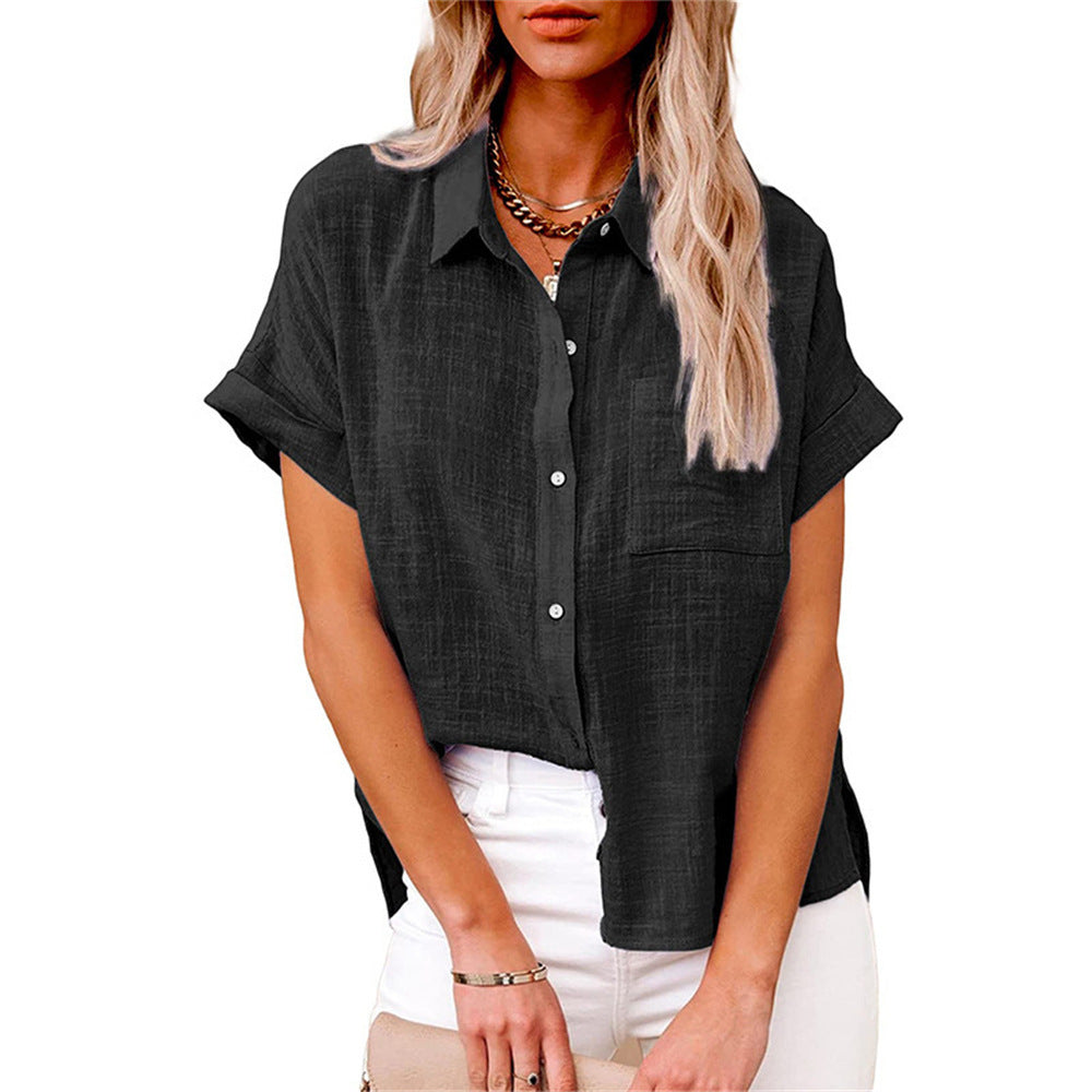 Valmonti Women's Effortless Relaxed Button-Front Short Sleeve Blouse, perfect for casual summer wear.