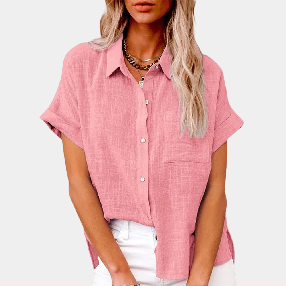 Relaxed fit women's short sleeve blouse with button-front, a versatile casual top by Valmonti.