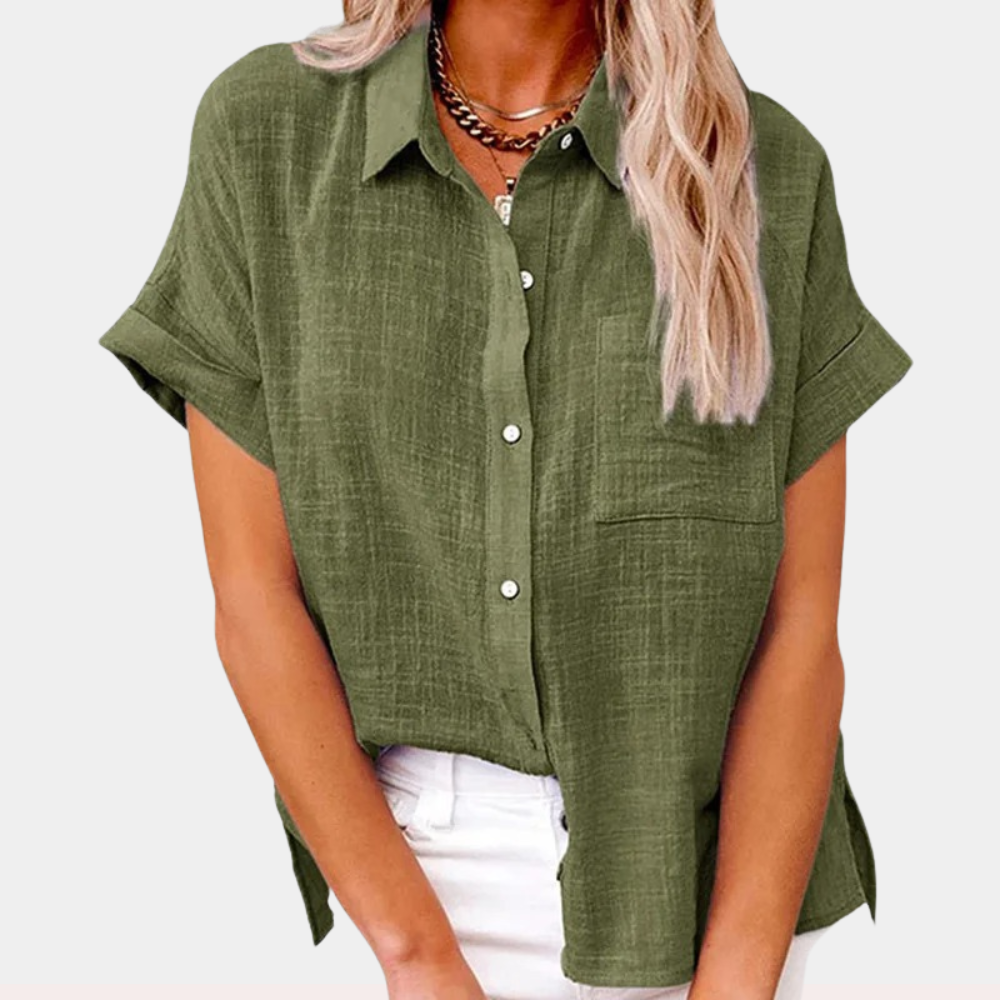 Lightweight Valmonti summer blouse for women, featuring a relaxed fit & short sleeves with button-front.