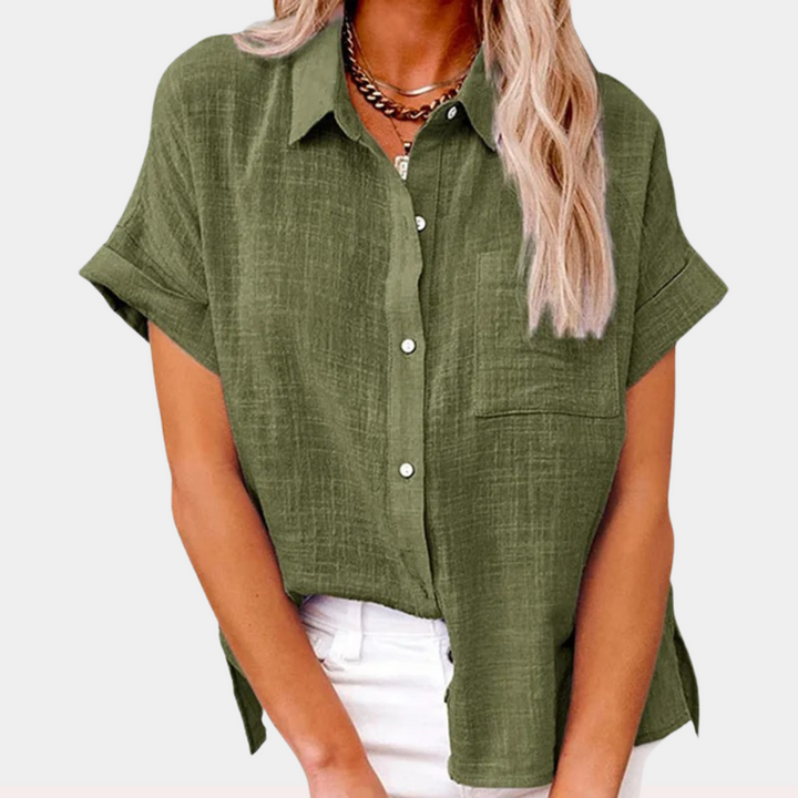 Lightweight Valmonti summer blouse for women, featuring a relaxed fit & short sleeves with button-front.