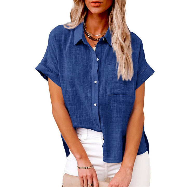 Versatile women's button-front short sleeve blouse by Valmonti, ideal for everyday casual outfits.