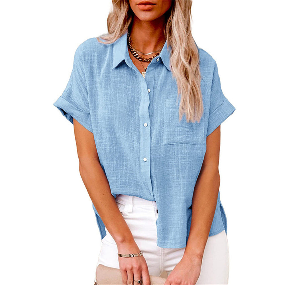 Valmonti women's short sleeve button-front blouse, relaxed fit, great for casual summer looks.