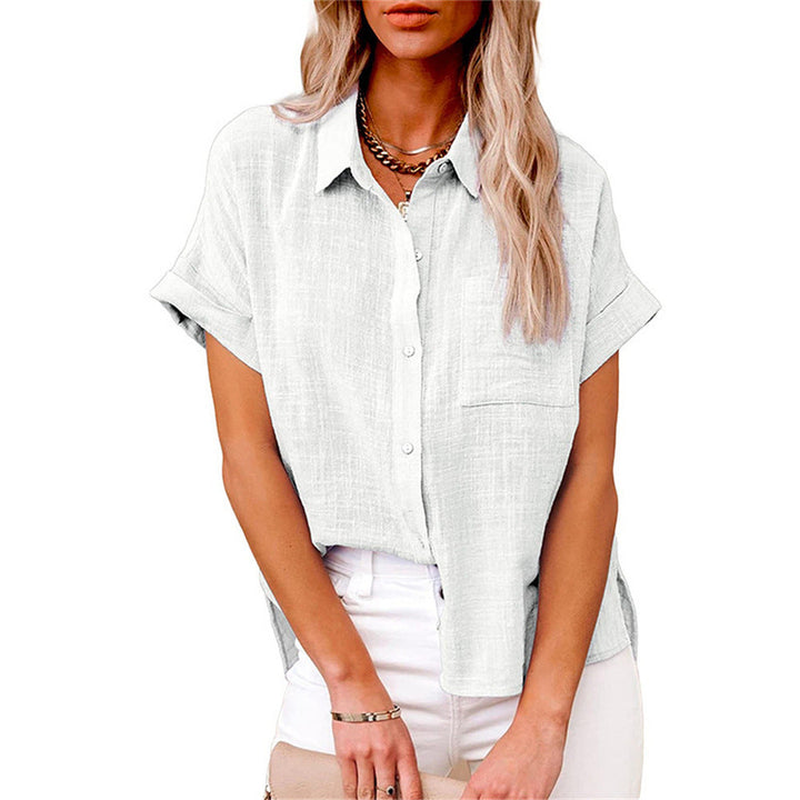 Effortless Valmonti women's relaxed fit short sleeve blouse, a stylish button-front top for daily wear.