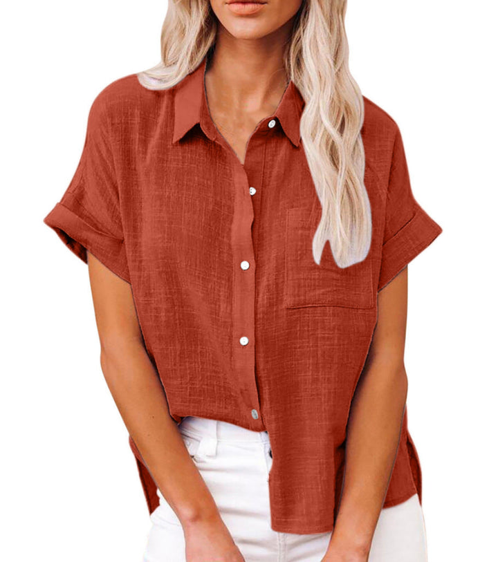 Women's casual short sleeve button-front blouse with relaxed fit by Valmonti, perfect summer top.