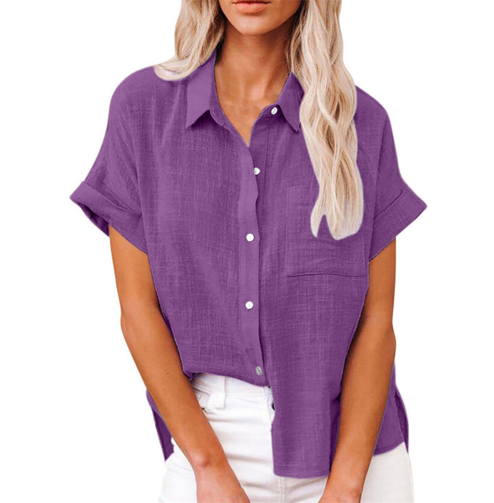 Valmonti Women's Effortless short sleeve button-front blouse, relaxed fit, versatile casual top.