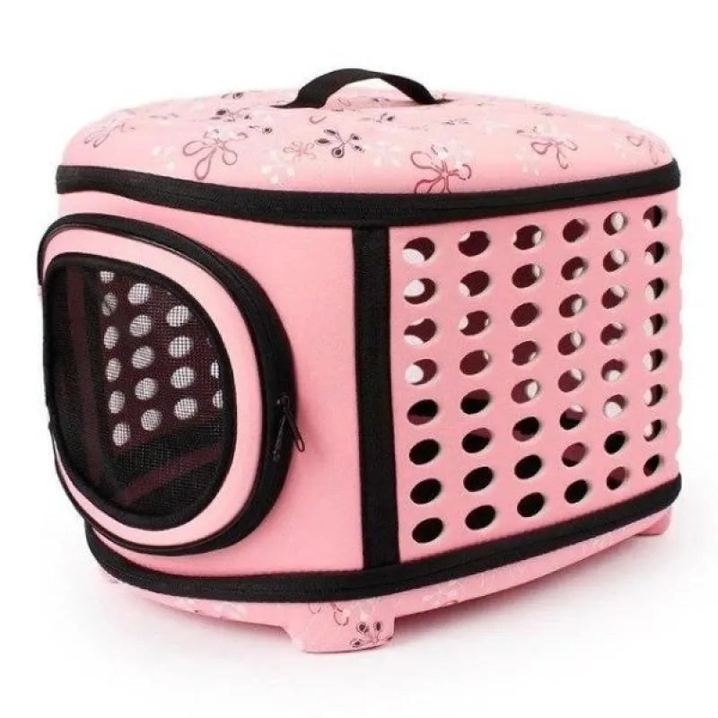Pet travel cat carrier with ventilation, portable animal transport bag in gray.