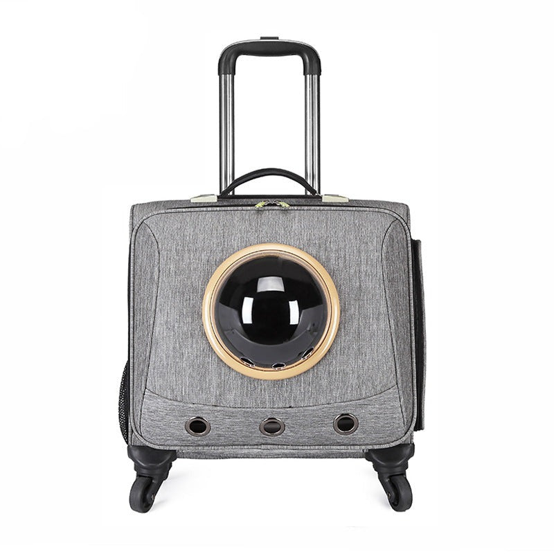 Ventilated pet travel carrier for small dogs & cats. Portable capsule for car travel, available in light gray.