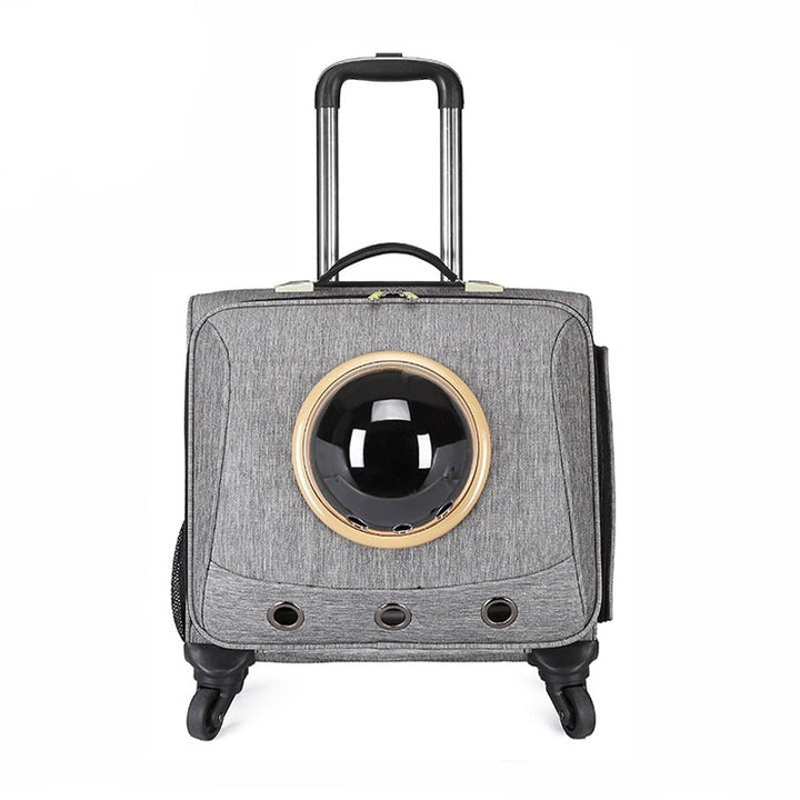 Ventilated pet travel carrier for small dogs & cats. Portable capsule for car travel, available in light gray.