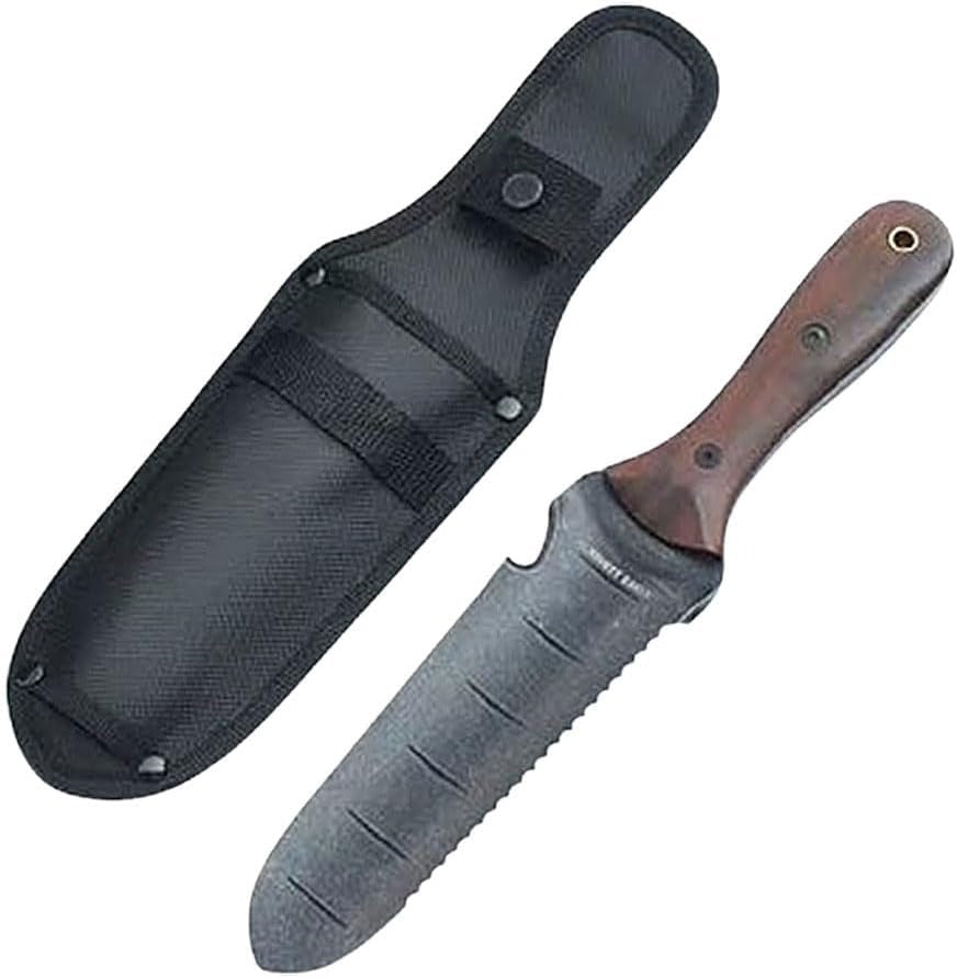 Versatile Hori Hori garden tool with stainless steel blade & walnut handle for planting, weeding, and digging.