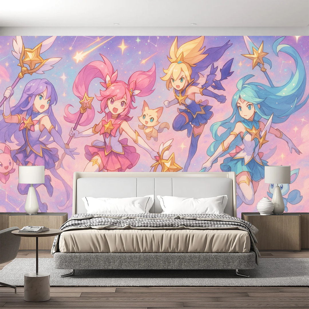 Vibrant anime fantasy gaming wall mural, peel & stick, featuring magical girl cosmic art in purple & pink, ideal for teen bedroom.
