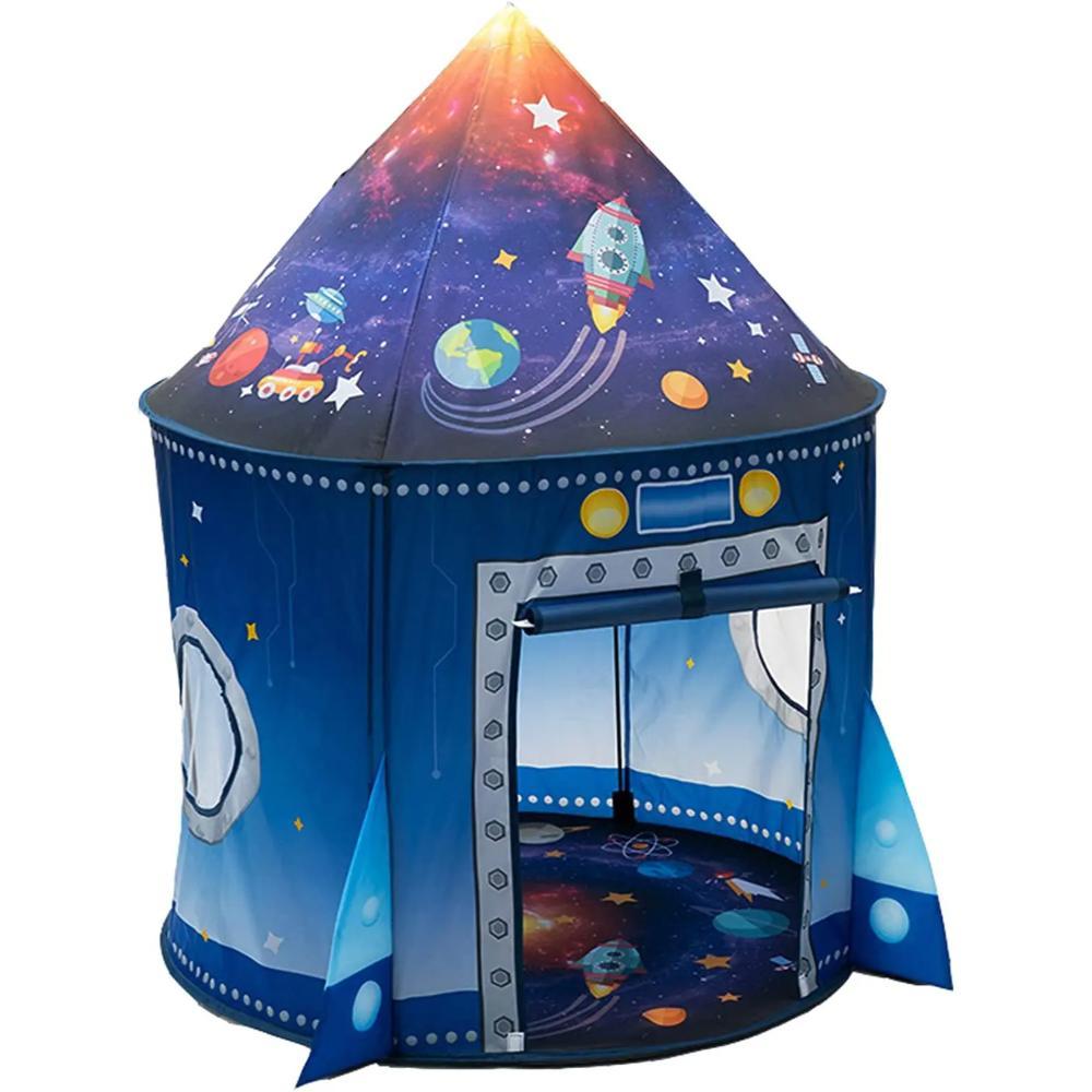 Vibrant blue rocket spaceship kids play tent for indoor/outdoor adventure, sparking imaginative space exploration.