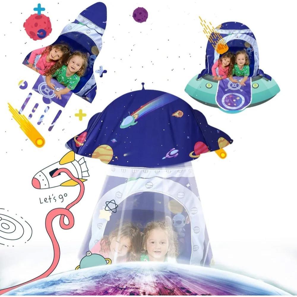 Toddler's rocket spaceship play tent, perfect for boys & girls, encourages imaginative indoor/outdoor space adventure.