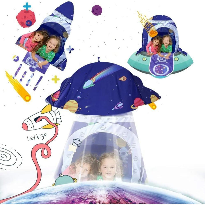 Toddler's rocket spaceship play tent, perfect for boys & girls, encourages imaginative indoor/outdoor space adventure.