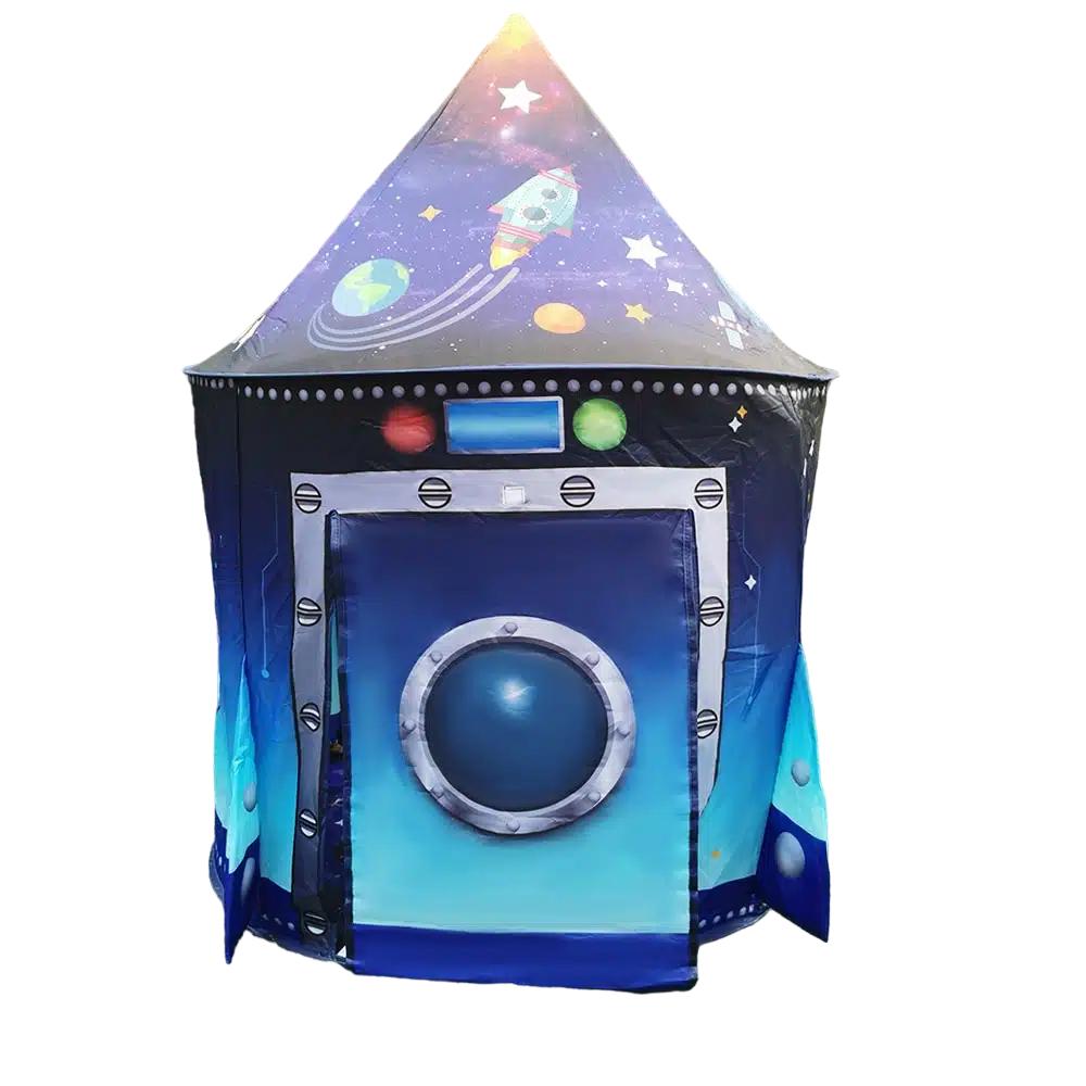 Fun rocket spaceship children's tent, ideal for imaginative play in a kids' room or outdoor backyard adventure.