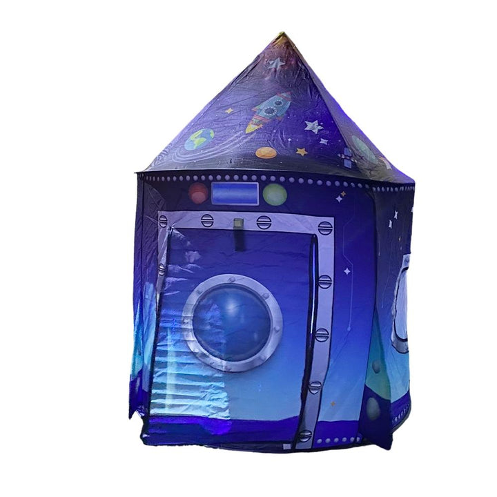 Detailed rocket spaceship kids play tent for imaginative indoor/outdoor space adventures, great for toddlers & children.