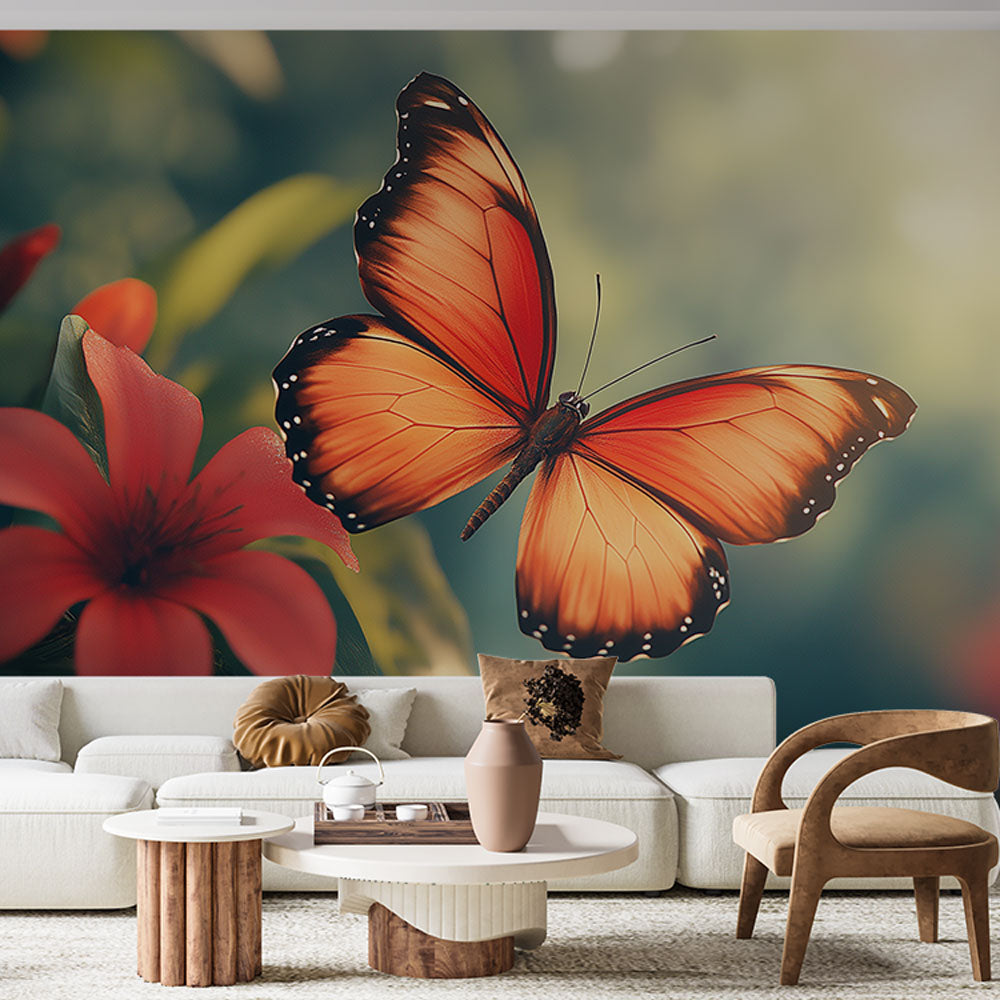 Vibrant floral butterfly wall mural featuring tropical orange and red butterflies, perfect for an accent wall home decor.