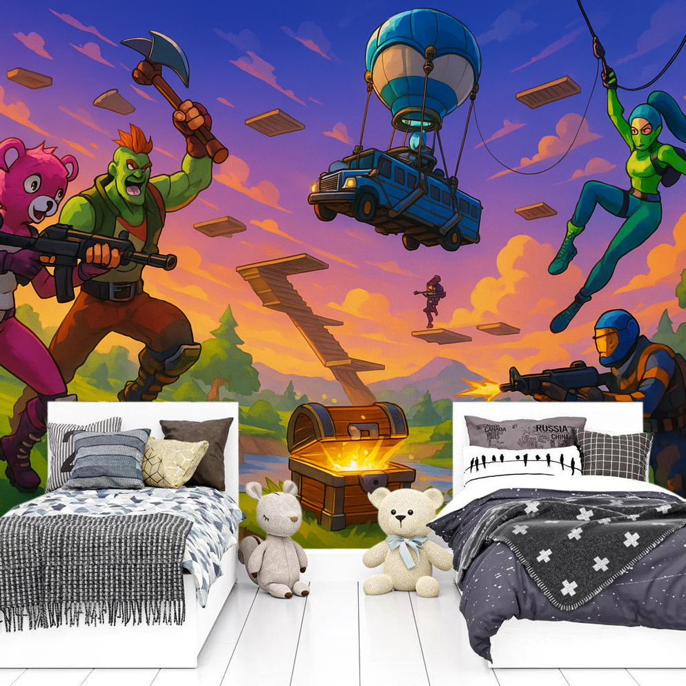 Vibrant kids' epic gaming wall mural. Peel & stick gamer wallpaper with immersive action scene for bedroom decor.