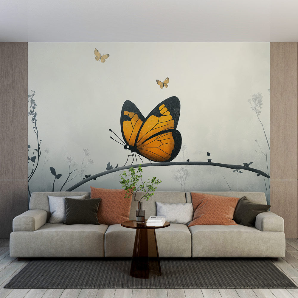 Vibrant orange butterfly peel & stick wall mural for living room decor. Removable nature aesthetic wallpaper.