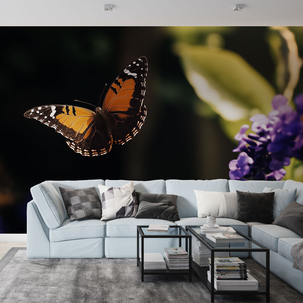 Vibrant purple butterfly floral wall mural featuring monarch butterflies and wisteria, peel and stick nature wallpaper.