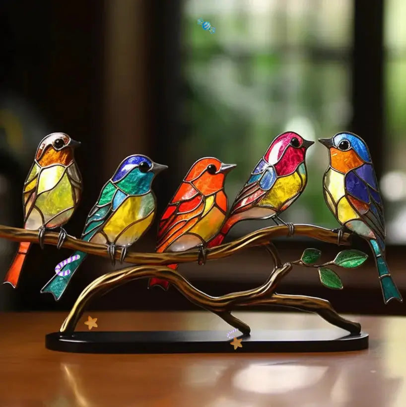 Vibrant stained glass bird window art catching colorful light. Perfect nature-inspired sun catcher for home decor.