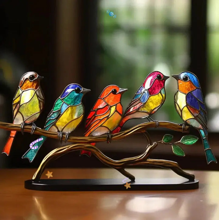 Vibrant stained glass bird window art catching colorful light. Perfect nature-inspired sun catcher for home decor.