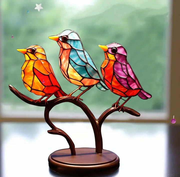 Colorful stained glass bird decor reflecting light, a beautiful window art sun catcher. Enhance your interior decoration.
