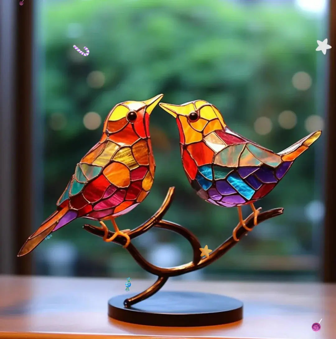 Intricate stained glass bird window art, a colorful sun catcher. Nature-inspired glass decor reflecting vibrant light.