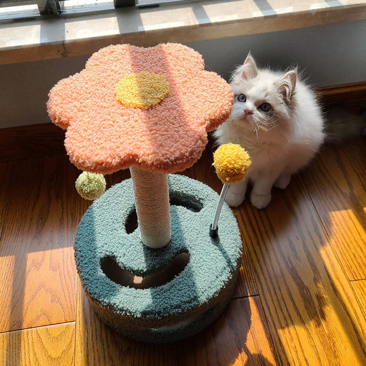 This sunflower cat scratching post blends vibrant design, durable sisal, and an interactive toy for happy felines.