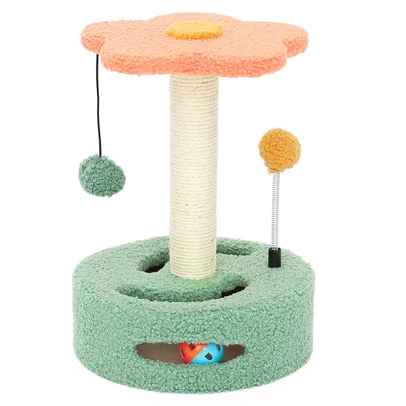 Sisal sunflower cat scratching post. Feline-friendly interactive toy provides engaging play and scratching.