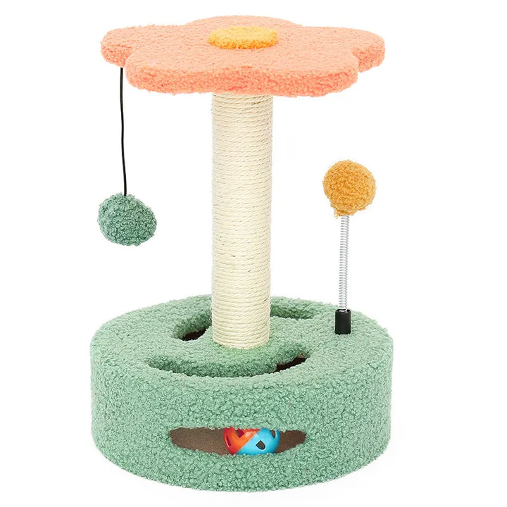 Sisal sunflower cat scratching post. Feline-friendly interactive toy provides engaging play and scratching.