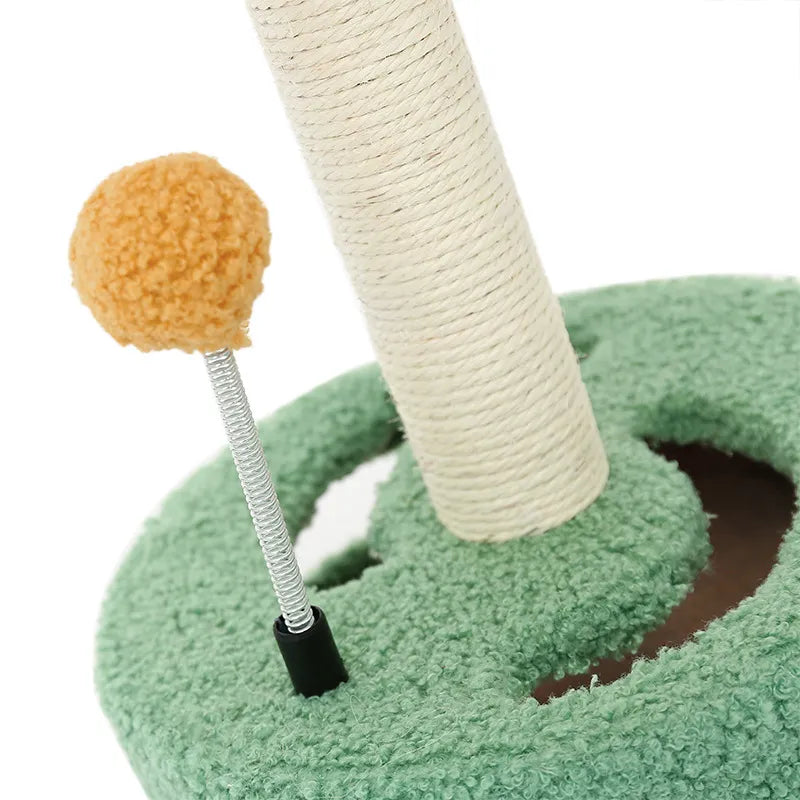 Engaging sunflower cat scratching post with a dangling interactive toy, perfect for feline play and claw care.