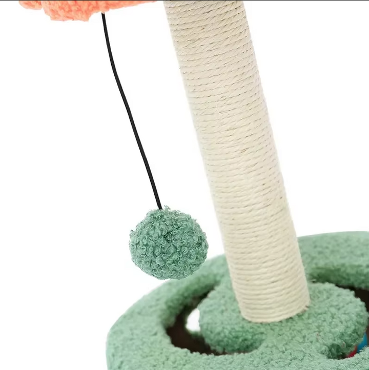 Unique sunflower-shaped cat scratching post. Features an interactive toy for endless feline play and happy claws.